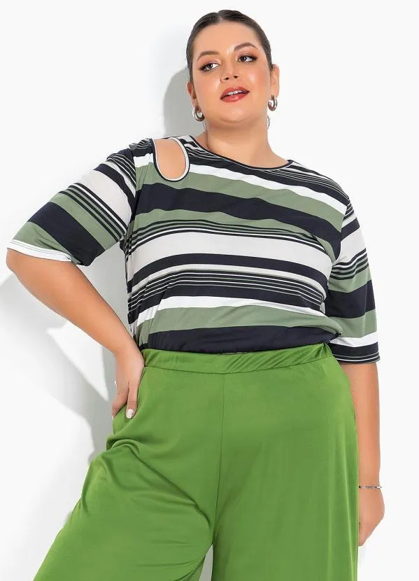 Marguerite - Blusa Listras Verde com Recorte Vazado Plus Size 5