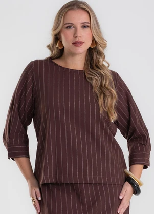 Secret Glam - Blusa Manga 3/4 Twill Plus Size Marrom - SECRET GLAM