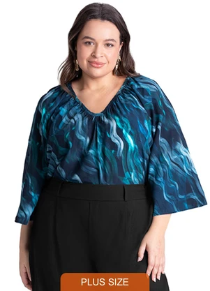 Outlet - Blusa Manga Ampla Plus Size Feminino Azul - OUTLET
