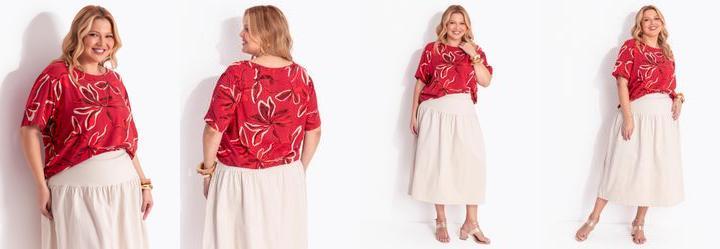 Blusa Manga Curta Floral Vermelho em Viscose Sarjada