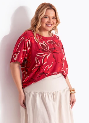 Marguerite - Blusa Manga Curta Floral Vermelho em Viscose Sarjada - MARGUERITE