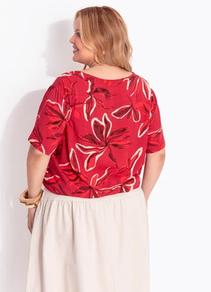 Marguerite - Blusa Manga Curta Floral Vermelho em Viscose Sarjada - MARGUERITE
