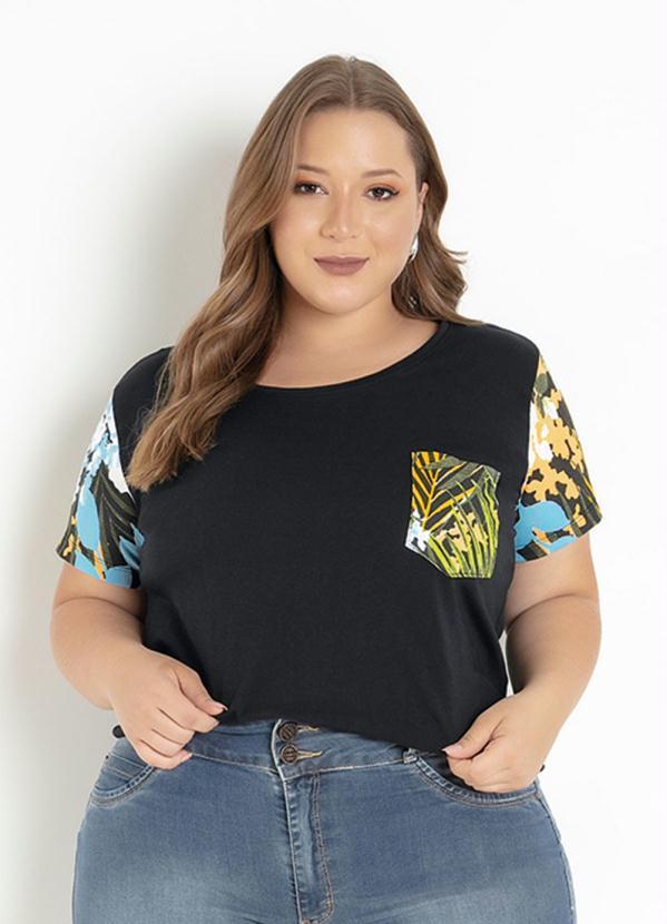 Marguerite - Blusa Manga Curta Preta e Floral Plus Size