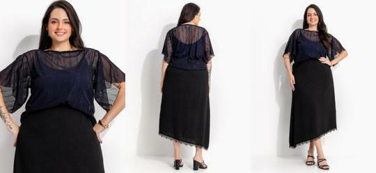 Blusa Marinho em Tule Maquinaetado com Brilho