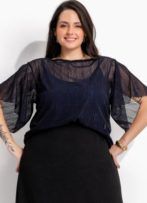 Marguerite - Blusa Marinho em Tule Maquinaetado com Brilho - MARGUERITE