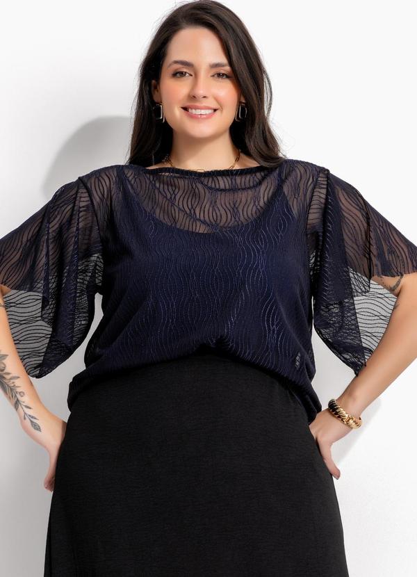 Blusa Marinho em Tule Maquinaetado com Brilho