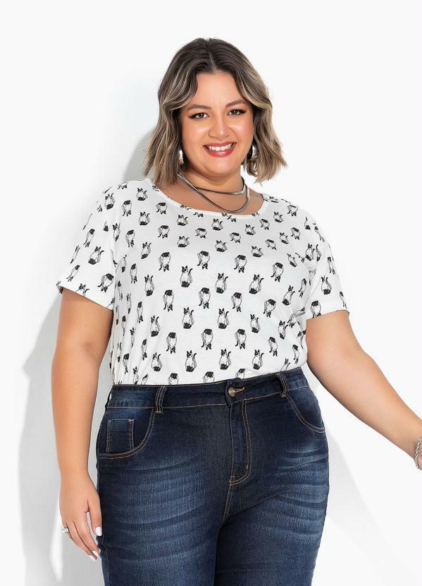 Marguerite - Blusa Off White com Estampa de Gatos Plus Size