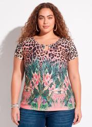 Blusa On�a e Floral com Vazado no Decote