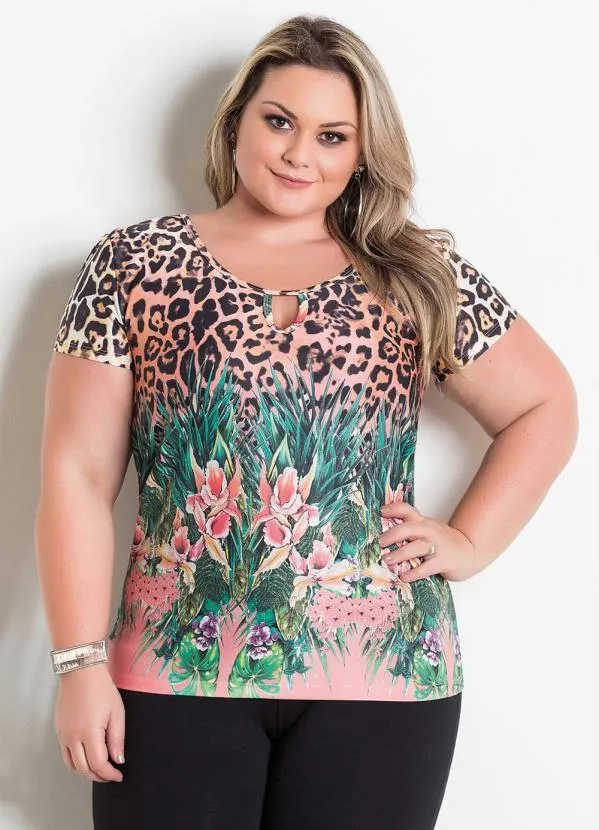 Marguerite - Blusa Onça e Floral com Vazado no Decote