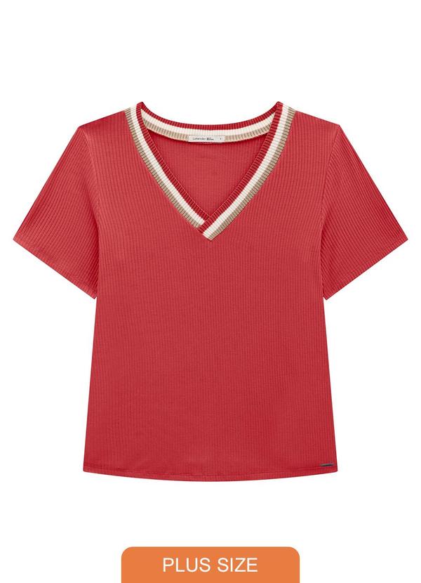 Lunender Mais Mulher - Blusa Plus Size Canelada com Decote V Retilínea Vermelho