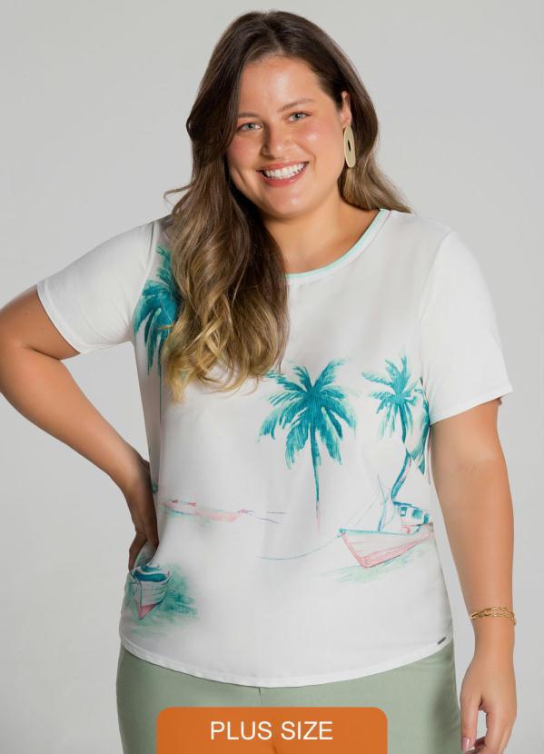 Lunender Mais Mulher - Blusa Plus Size Crepe e Malha Estampada Branco