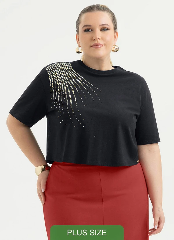 Cativa - Blusa Plus Size Cropped em Algodão Preto