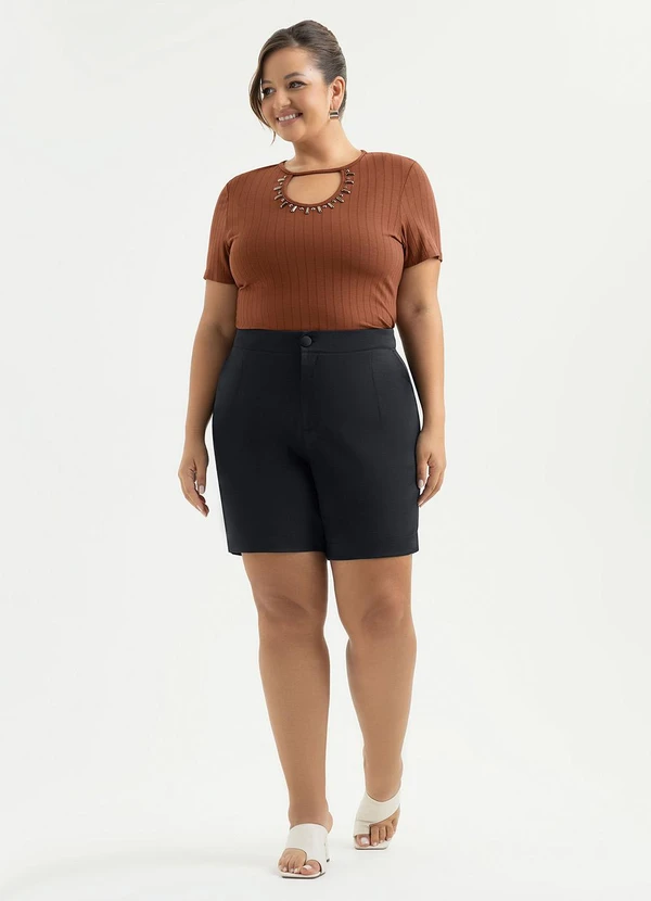 Cativa - Blusa Plus Size Decote Gota Canelada Marrom 4