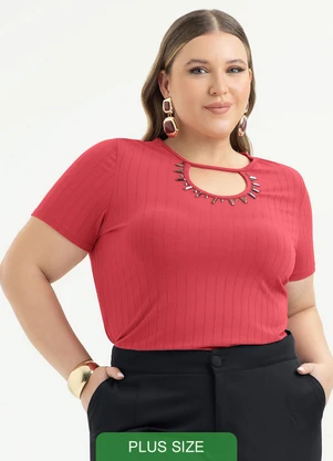 Cativa - Blusa Plus Size Decote Gota Canelada Vermelho - CATIVA