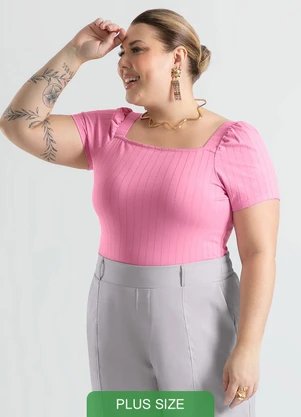 Cativa - Blusa Plus Size Decote Quadrado em Canelado Rosa - CATIVA