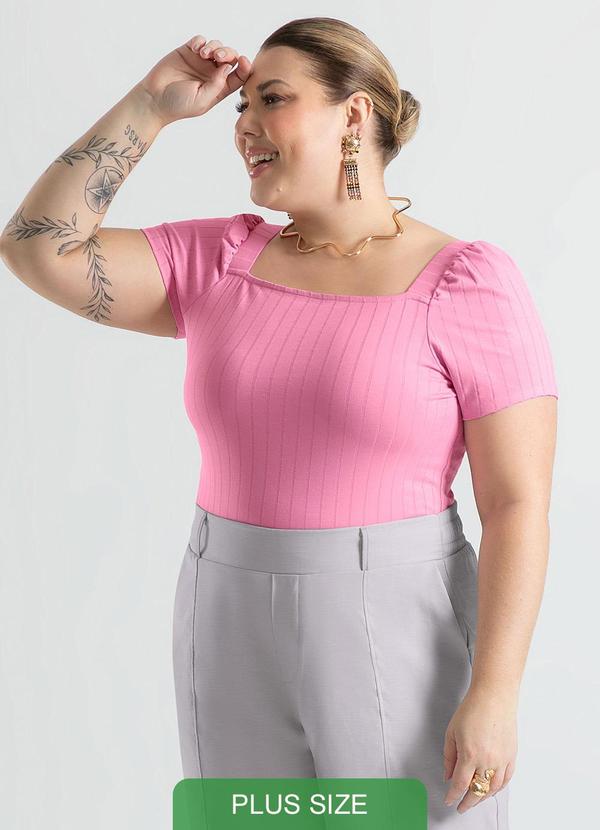 Cativa - Blusa Plus Size Decote Quadrado em Canelado Rosa