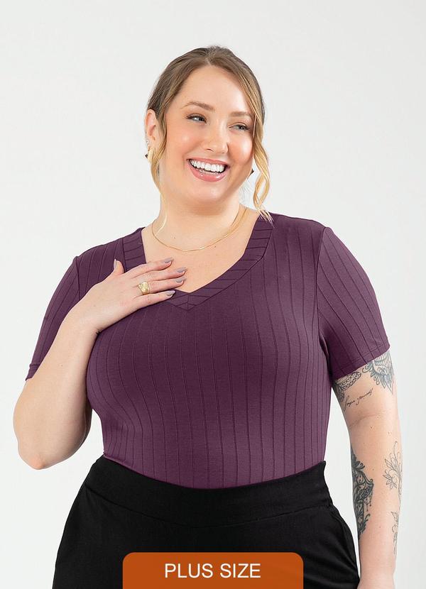 Cativa - Blusa Plus Size Decote V Canelada Roxo