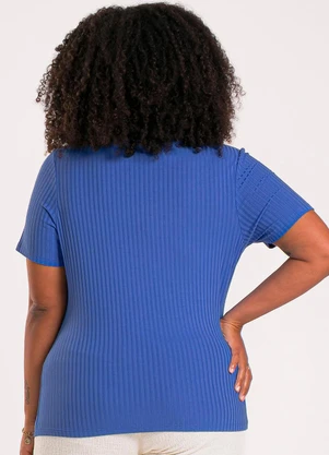 Cativa - Blusa Plus Size Decote V em Canelado Azul - CATIVA