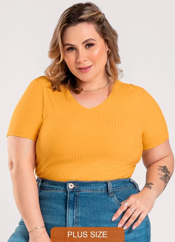 Cativa - Blusa Plus Size Decote V em Canelado Laranja