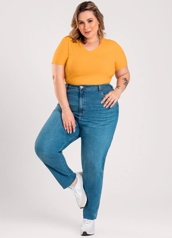 Cativa - Blusa Plus Size Decote V em Canelado Laranja 3