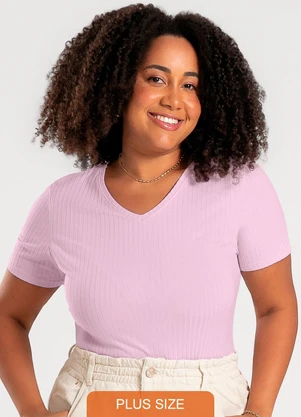Cativa - Blusa Plus Size Decote V em Canelado Lilás - CATIVA