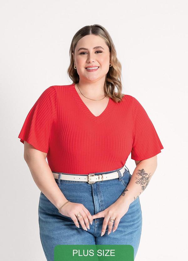 Habana - Blusa Plus Size Decote V em Canelado Vermelho