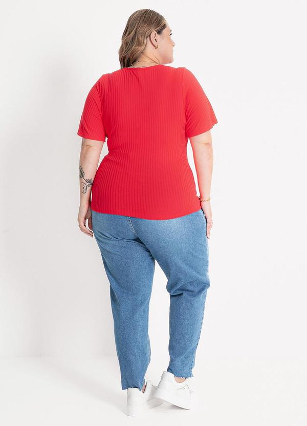 Habana - Blusa Plus Size Decote V em Canelado Vermelho