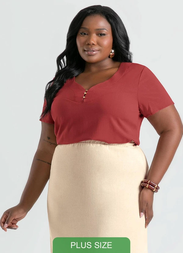 Cativa Blusa Plus Size Decote V em Viscose Marrom