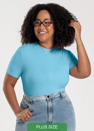 Cativa - Blusa Plus Size em Canelado Azul Claro - CATIVA