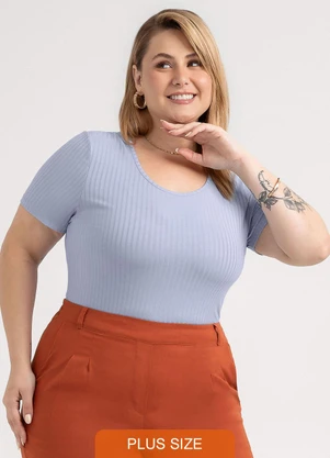 Habana - Blusa Plus Size em Canelado Azul - HABANA