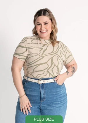 Habana - Blusa Plus Size em Canelado  Bege - HABANA