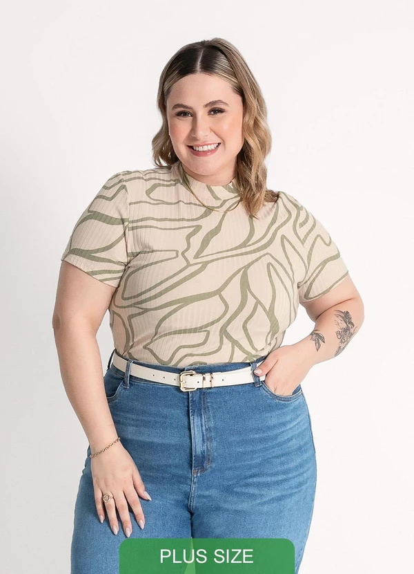 Habana - Blusa Plus Size em Canelado Bege