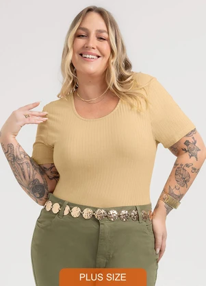 Habana - Blusa Plus Size em Canelado  Bege - HABANA