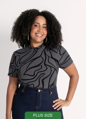 Habana - Blusa Plus Size em Canelado  Cinza Escuro - HABANA