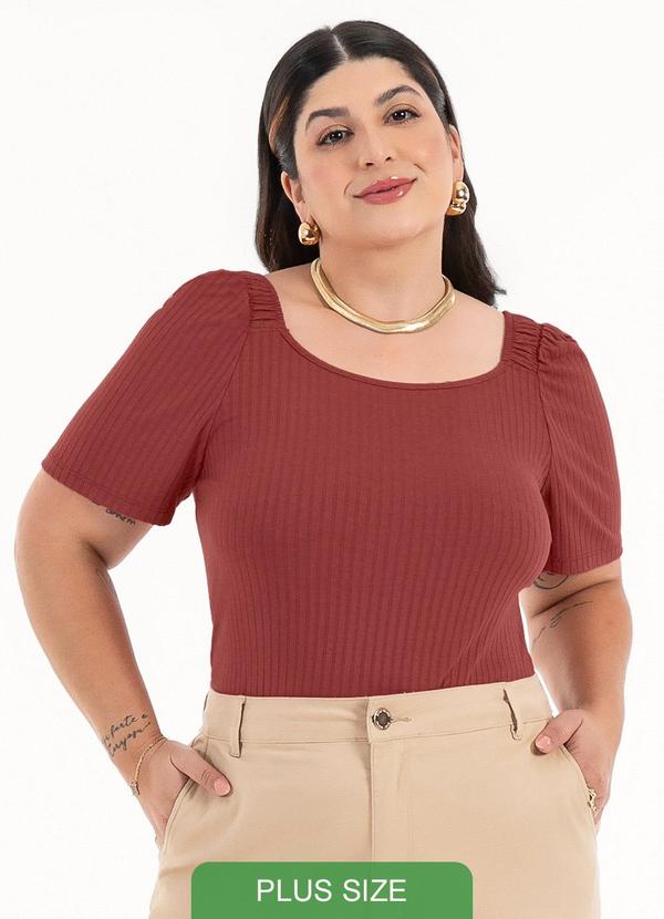 Habana - Blusa Plus Size em Canelado Marrom Escuro