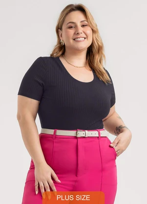 Habana - Blusa Plus Size em Canelado Preto - HABANA