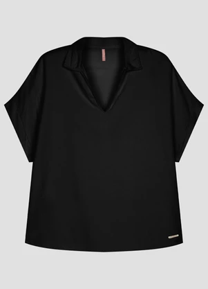 Cereja Rosa - Blusa Plus Size em Twill Gola Lapela Preto - CEREJA ROSA