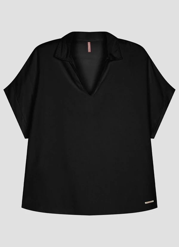 Cereja Rosa - Blusa Plus Size em Twill Gola Lapela Preto