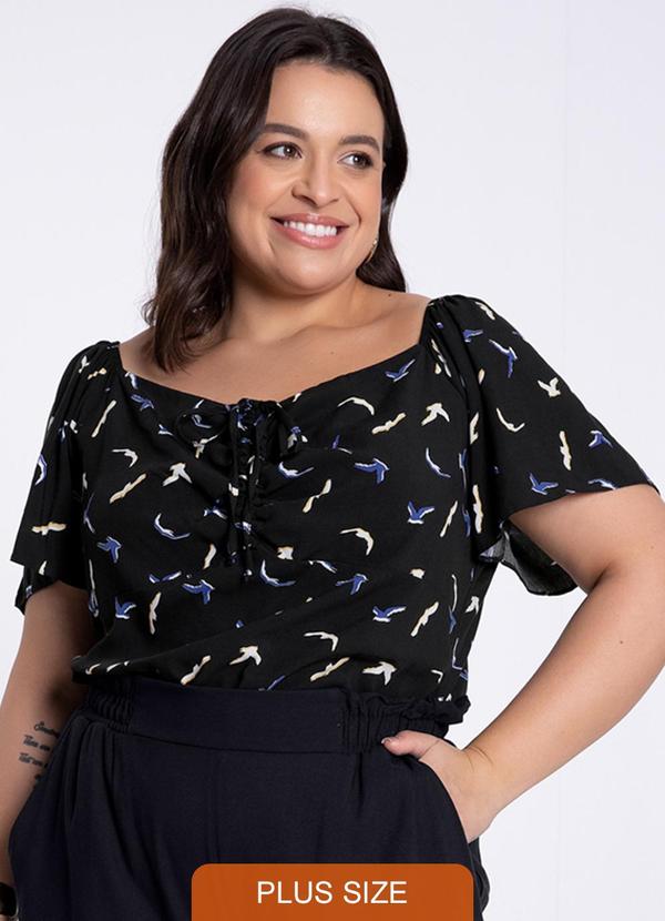 Lunender Mais Mulher - Blusa Plus Size Estampada com Amarração Preto