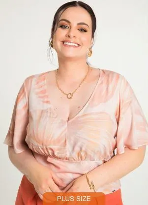 Lunender Mais Mulher - Blusa Plus Size Estampada com Manga Sino Laranja - LUNENDER MAIS MULHER