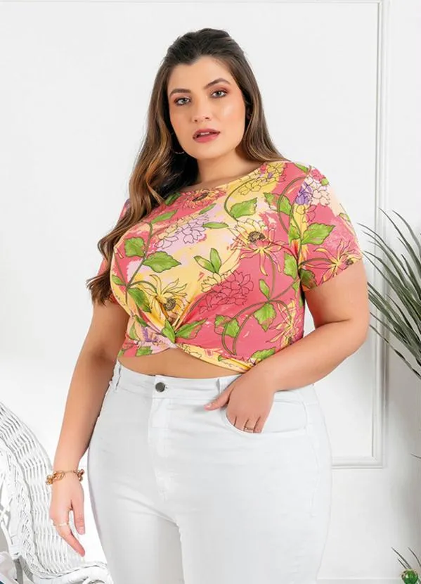 Outlet - Blusa Plus Size Floral Barra com Torção