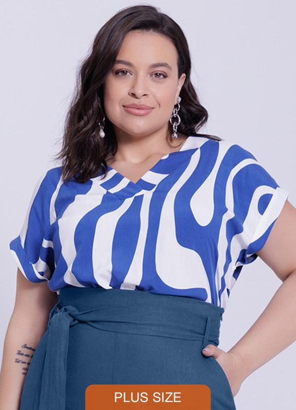 Lunender Mais Mulher - Blusa Plus Size Manga Curta com Decote V Azul