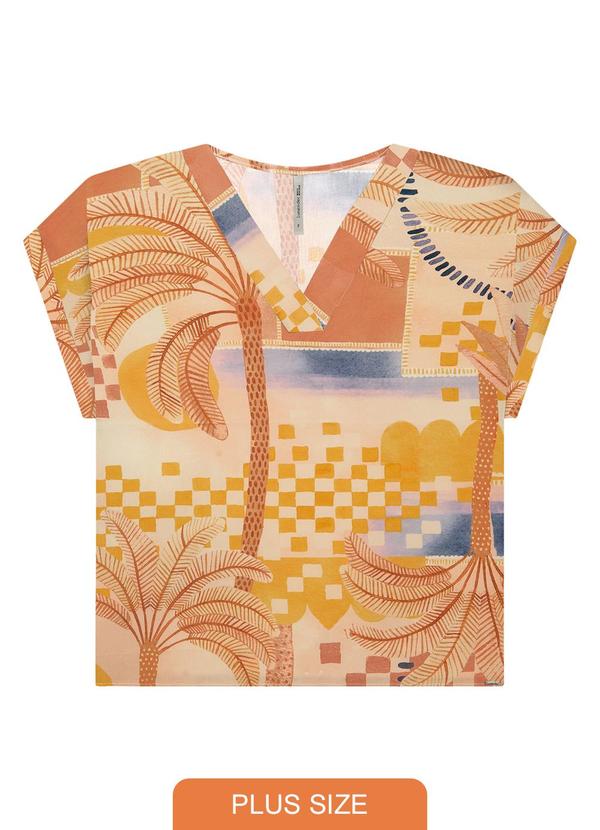 Lunender Mais Mulher - Blusa Plus Size Manga Curta com Decote V Bege