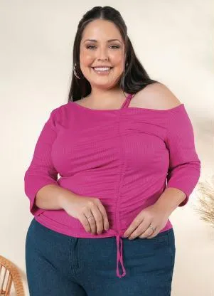 Queima Estoque - Blusa Plus Size Pink com Cordel para Franzir - QUEIMA ESTOQUE