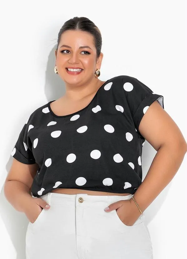 Marguerite - Blusa Poá Preta com Elástico na Barra Plus Size