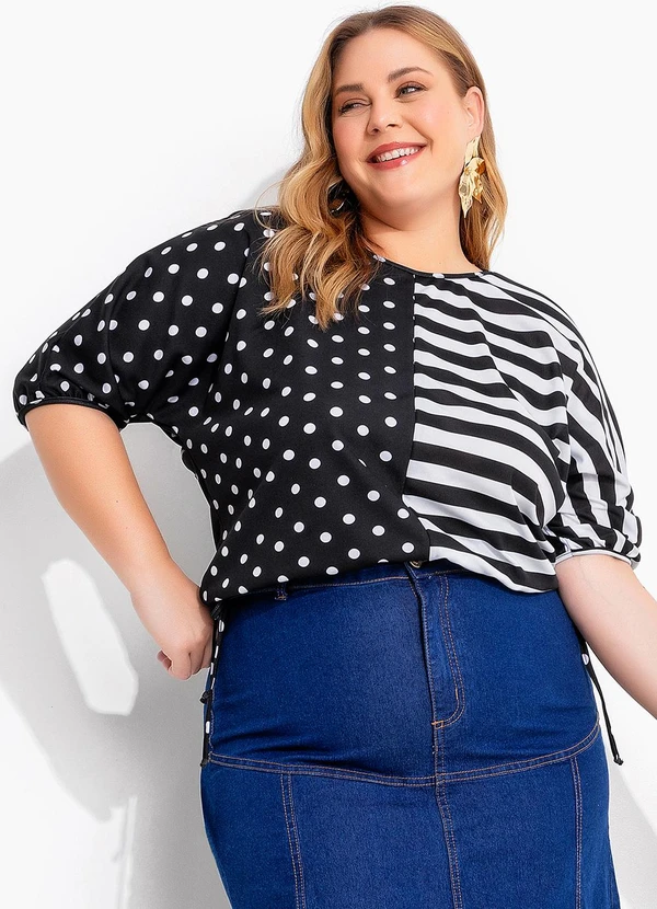 Marguerite - Blusa Poá Preta e Listrada com Amarração