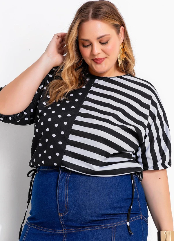 Marguerite - Blusa Poá Preta e Listrada com Amarração 3