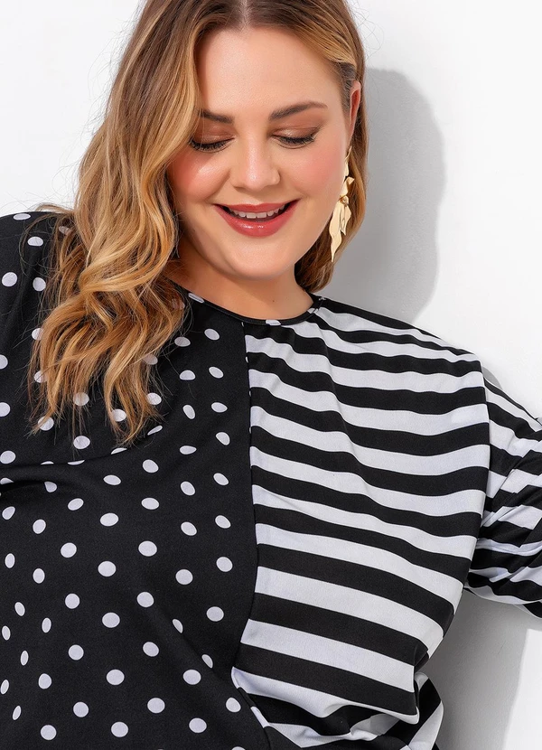 Marguerite - Blusa Poá Preta e Listrada com Amarração 2