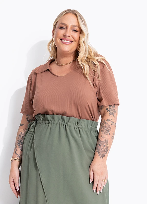 Marguerite - Blusa Polo Marrom em Malha Canelada 2