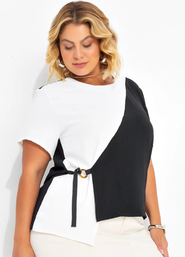 Marguerite - Blusa Preta e Off White em Crepe Plano